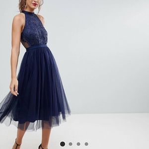 ASOS Lace tulle pleated midi scallop dress